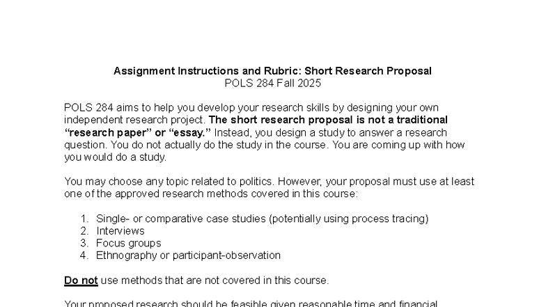 POLS 284 F25 Short Research Proposal Guidelines and Rubric - Studocu