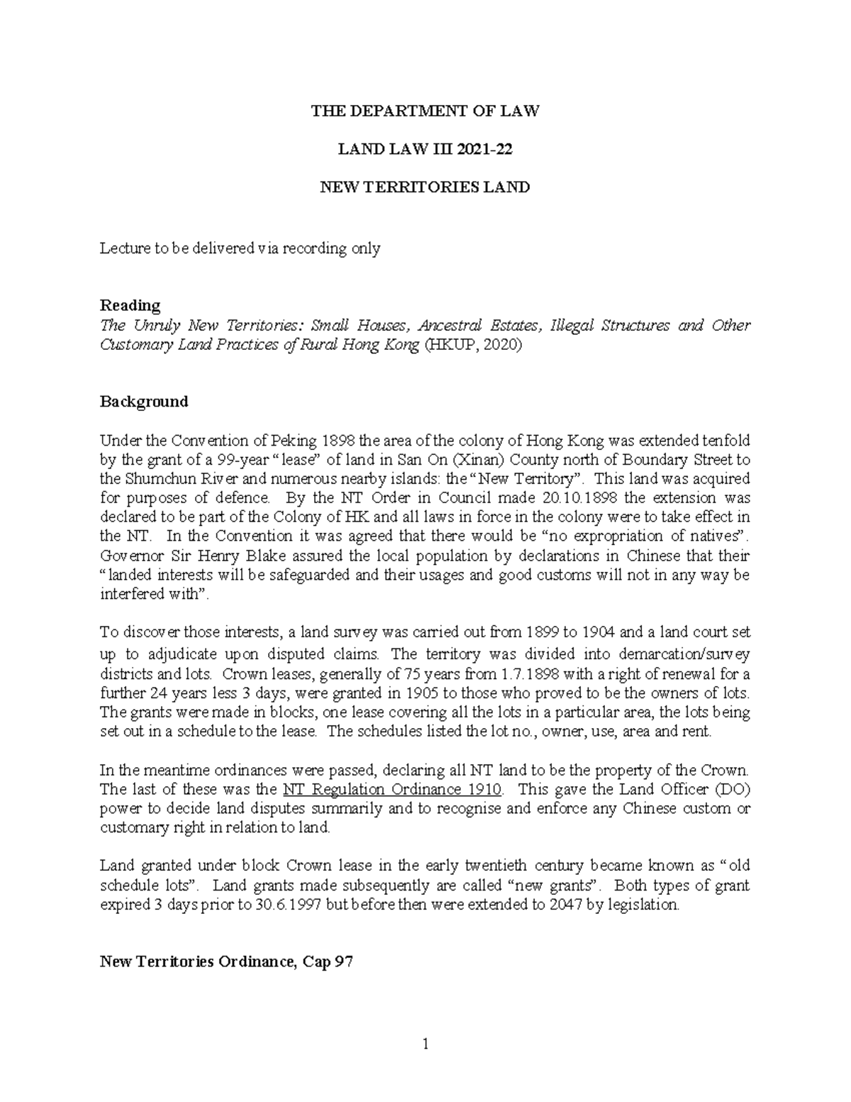 Land Law III (2021) - New Territories Lecture Notes Summary - Studocu