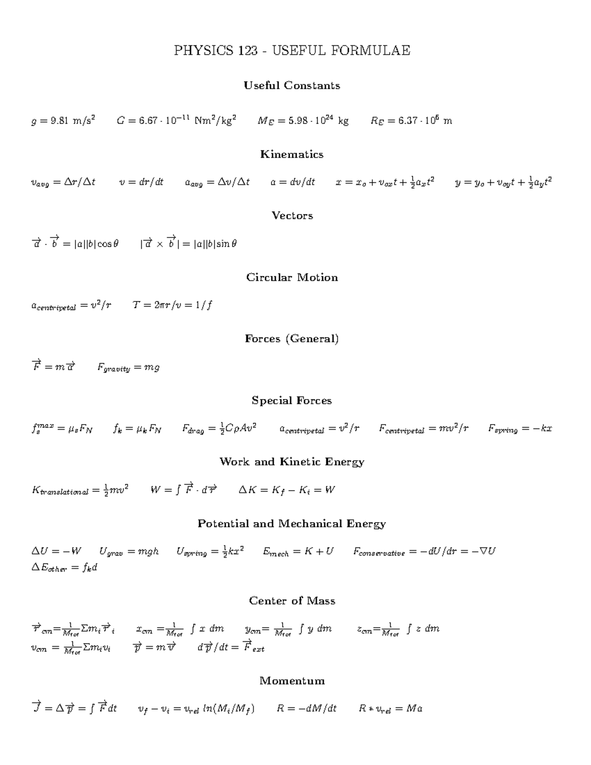 PHYSICS 123 FINAL EXAM FORMULAE & PROBLEMS - Studocu