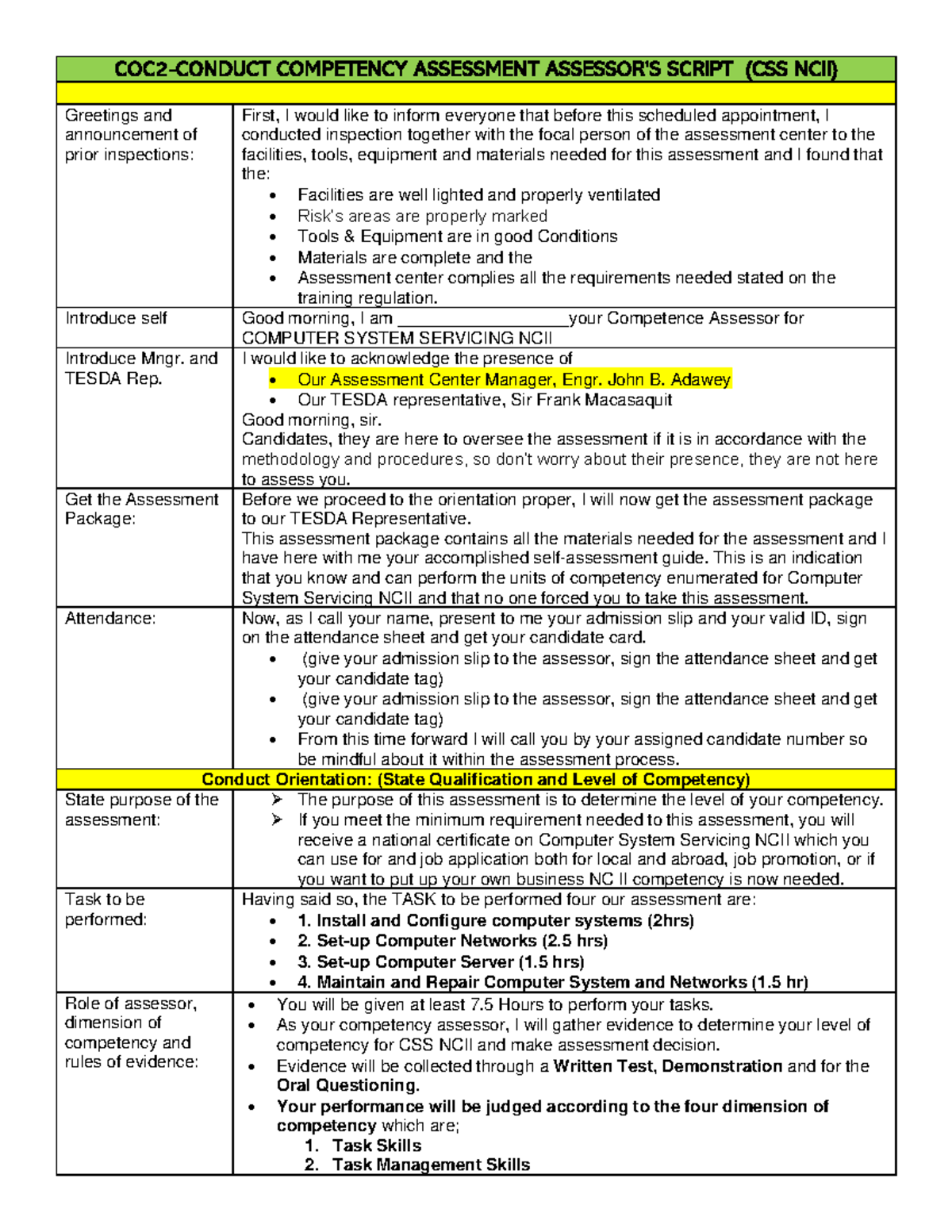 TM COC2-CSS Competency Assessment Script and Procedures Overview - Studocu