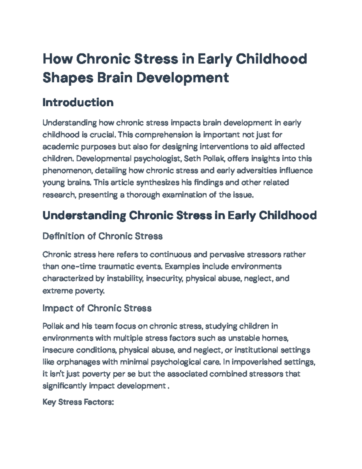 Understanding the Impact of Chronic Stress on Early Childhood ...