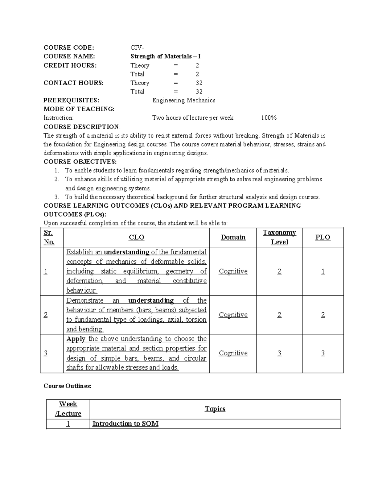 Strength of Materials I (CIV) Lecture & Lab Course Overview - Studocu
