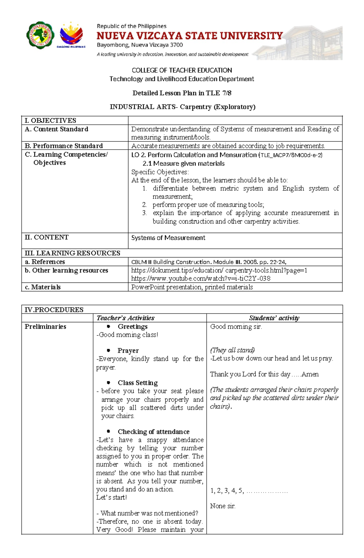 LP-IA - Final Lesson Plan on Measurement in Carpentry for TLE 7 - Studocu