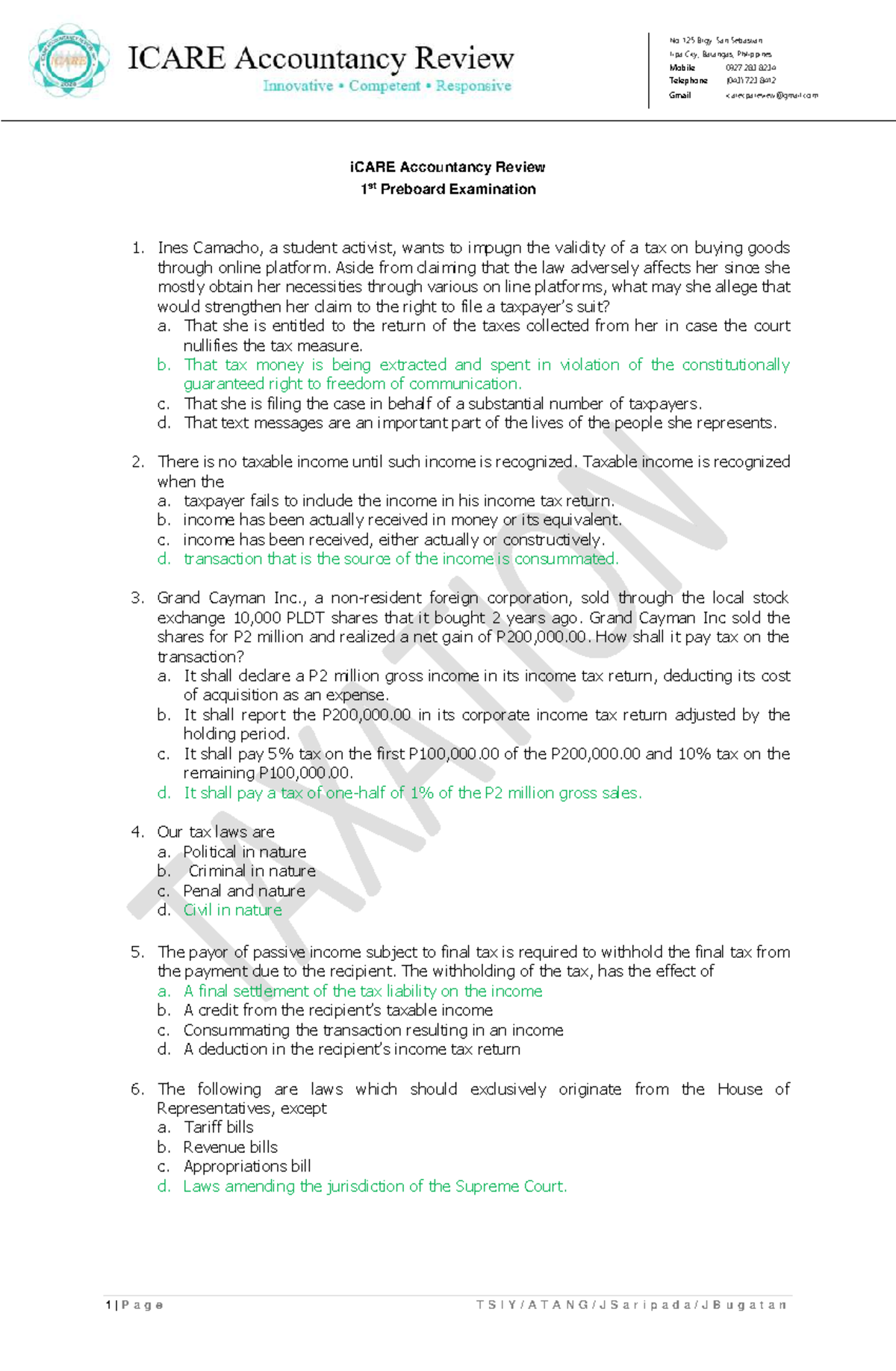 ICARE Accountancy Review: 1st Preboard Exam in Taxation - Document Preview