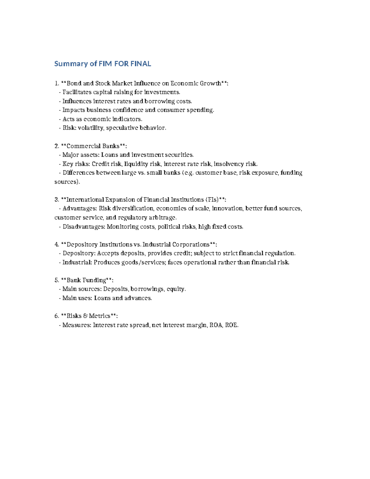 FIM 101 Final Exam Summary: Stock Market & Financial Institutions - Studocu