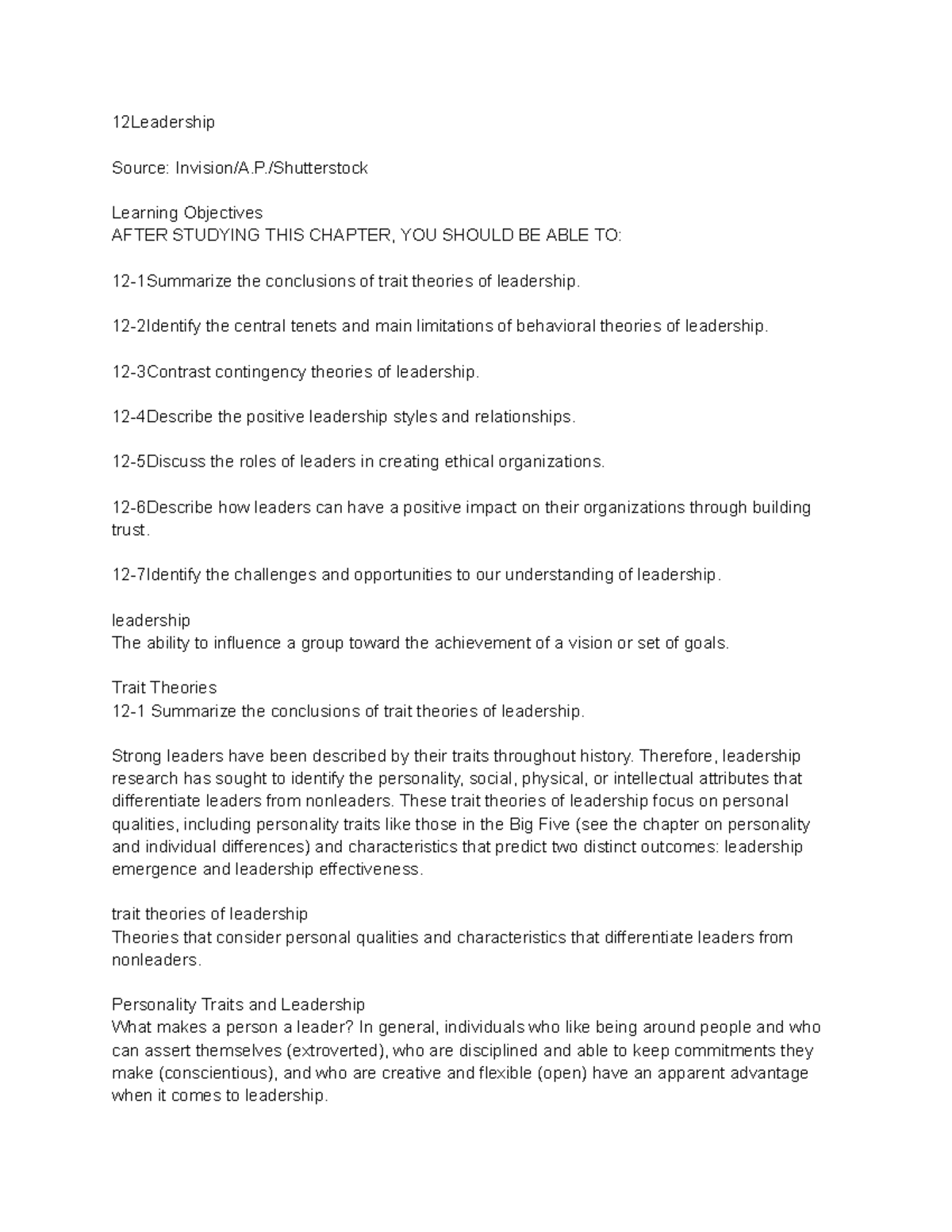 Chapter 12 Notes: Leadership Theories and Practices - Studocu