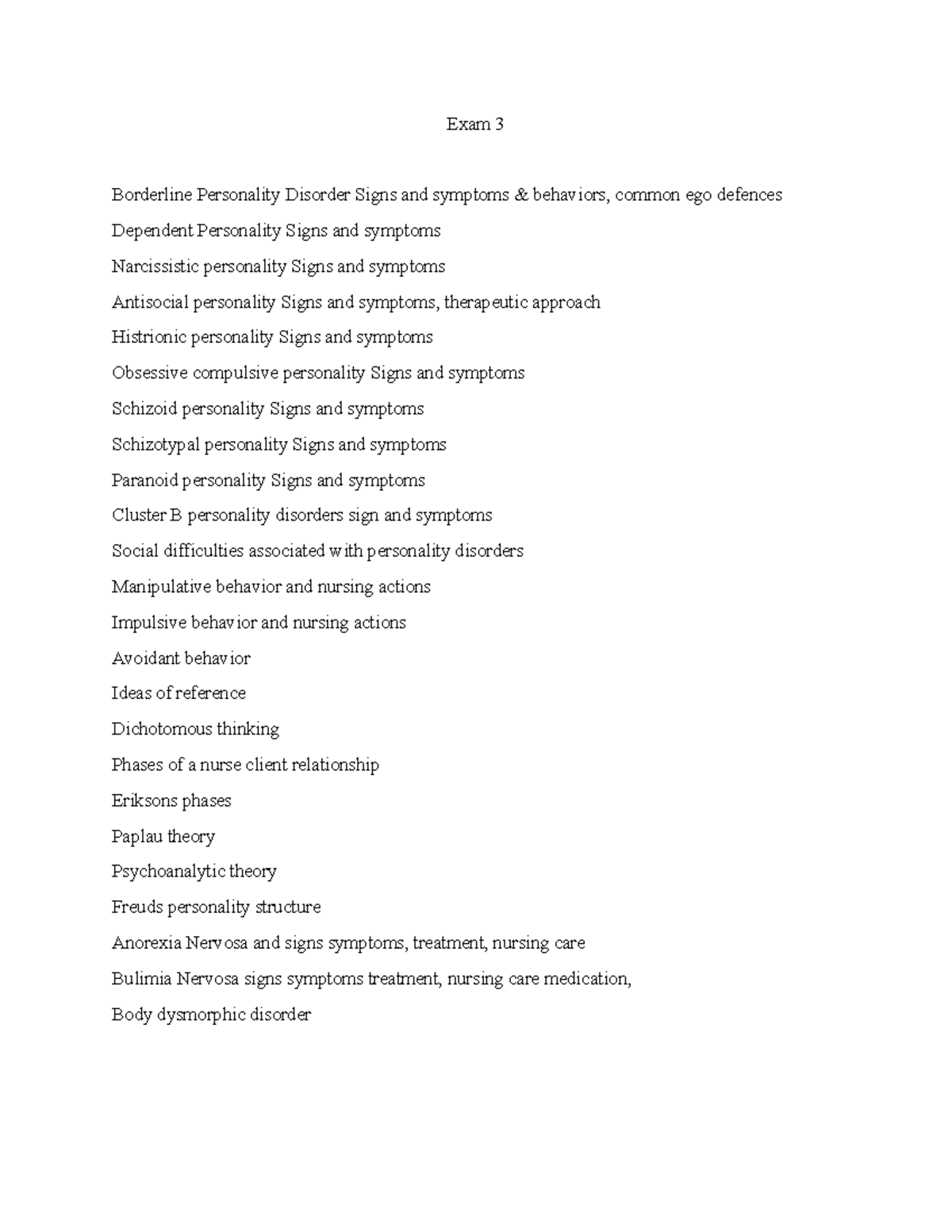 Exam 3 Prep - Personality Disorders & Nursing Actions Guide - Studocu