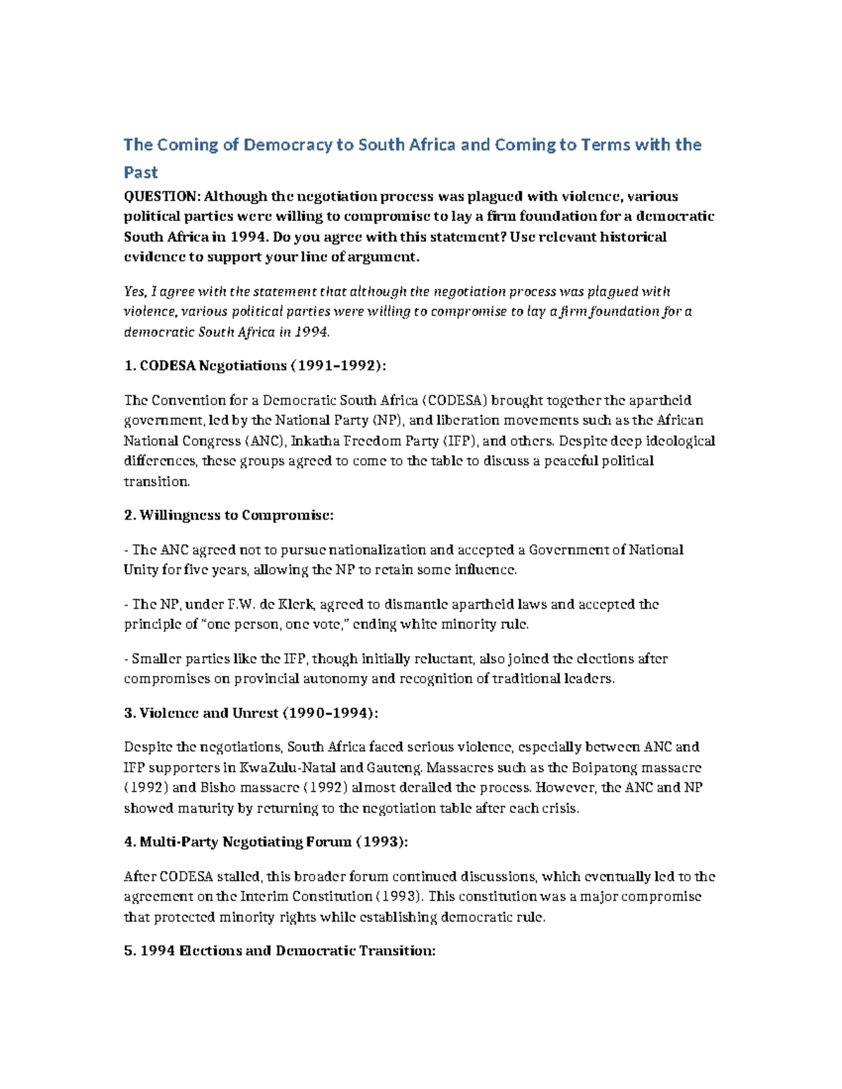 The Coming of Democracy to South Africa: Analyzing CODESA's Compromises ...