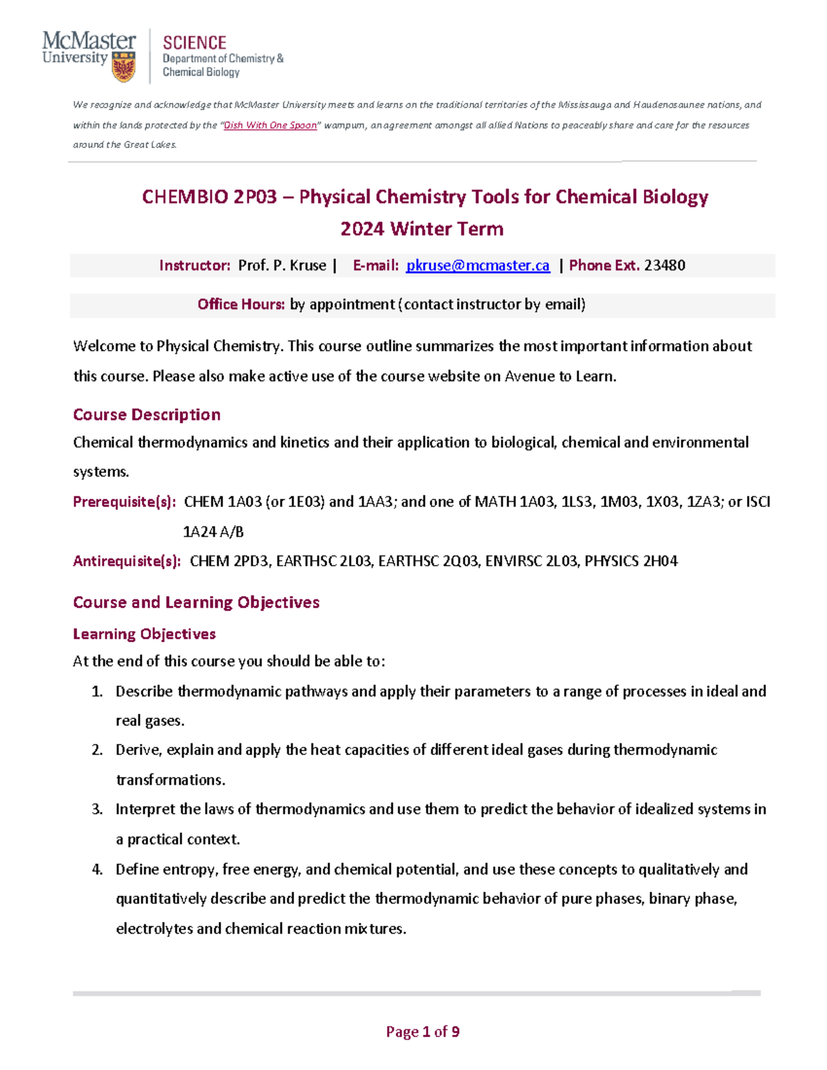 CHEMBIO 2P03 - Comprehensive Course Outline for Winter 2024 - Studocu
