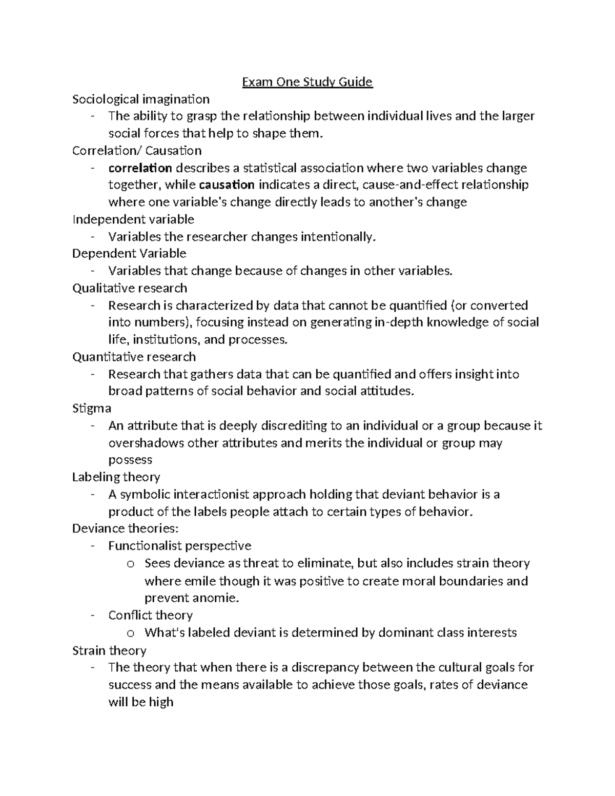 Sociology 101: Exam One Study Guide on Concepts & Theories - Studocu