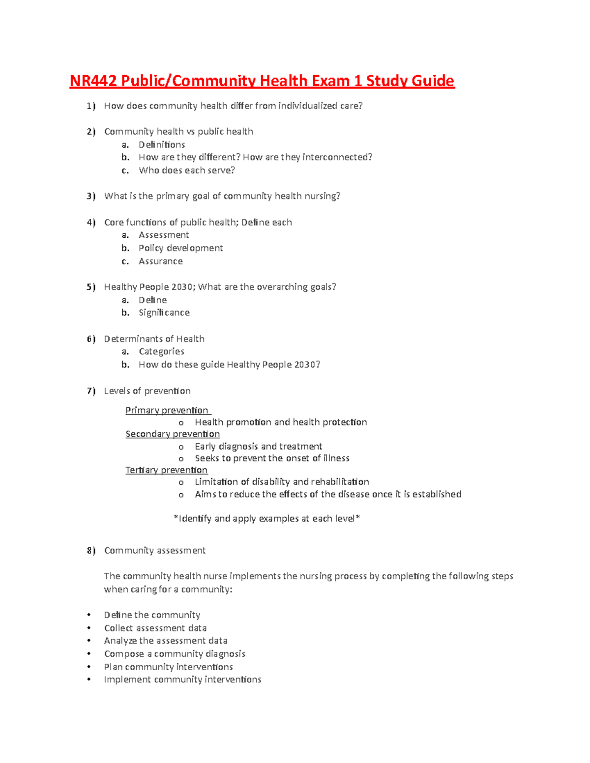 NR442 Public Health Exam 1 Study Guide - Jan 23 Overview - Studocu