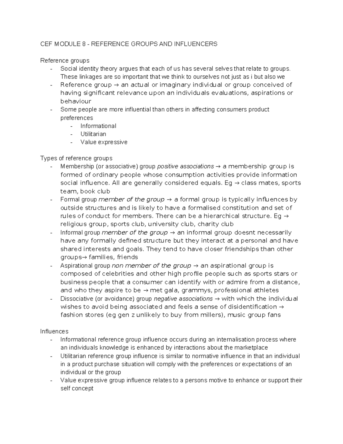 CEF Week 9 - Notes on Reference Groups and Influencers - Studocu