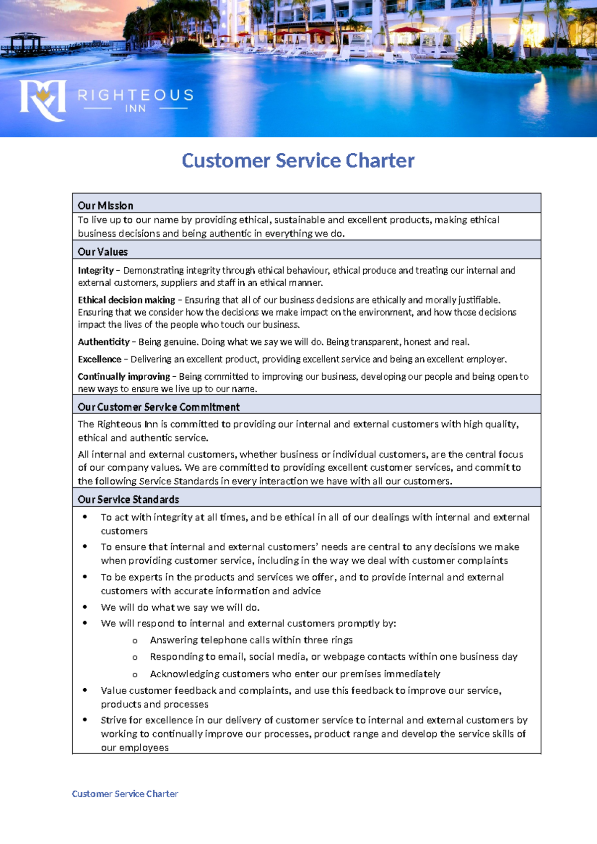 Righteous Inn - Customer Service Charter and Commitment Overview - Studocu