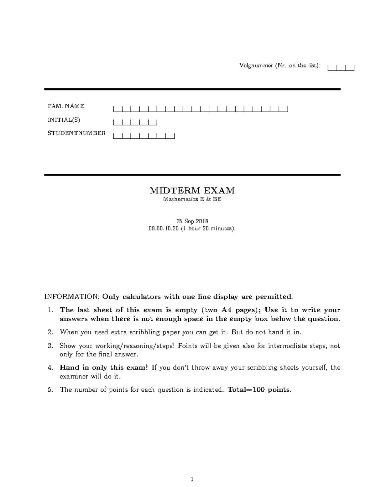 Midterm Exam Mathematics E BE 25 Sep 2018: Questions & Answers ...