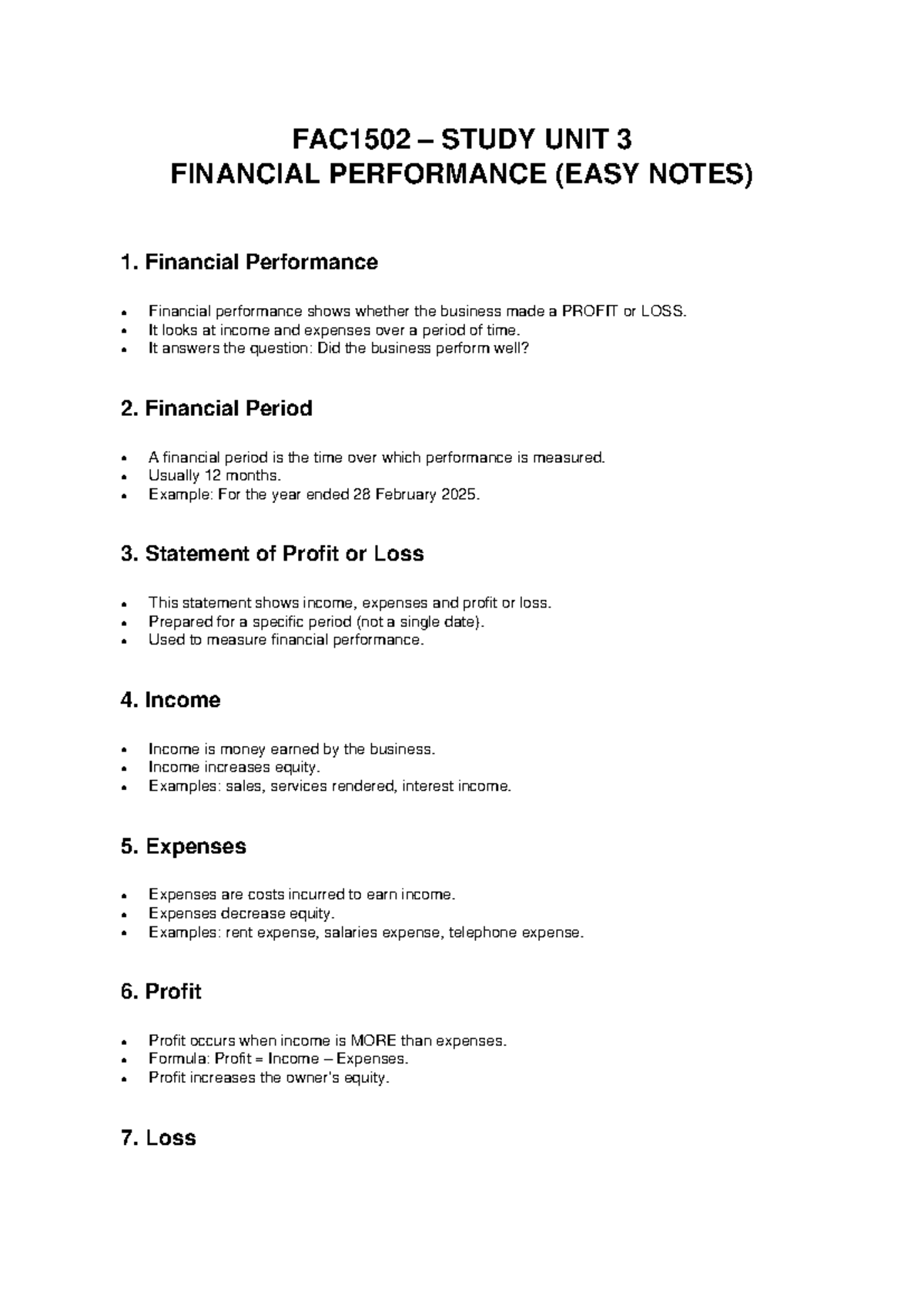 FAC1502 Study Unit 3: Financial Performance Overview Notes - Studocu