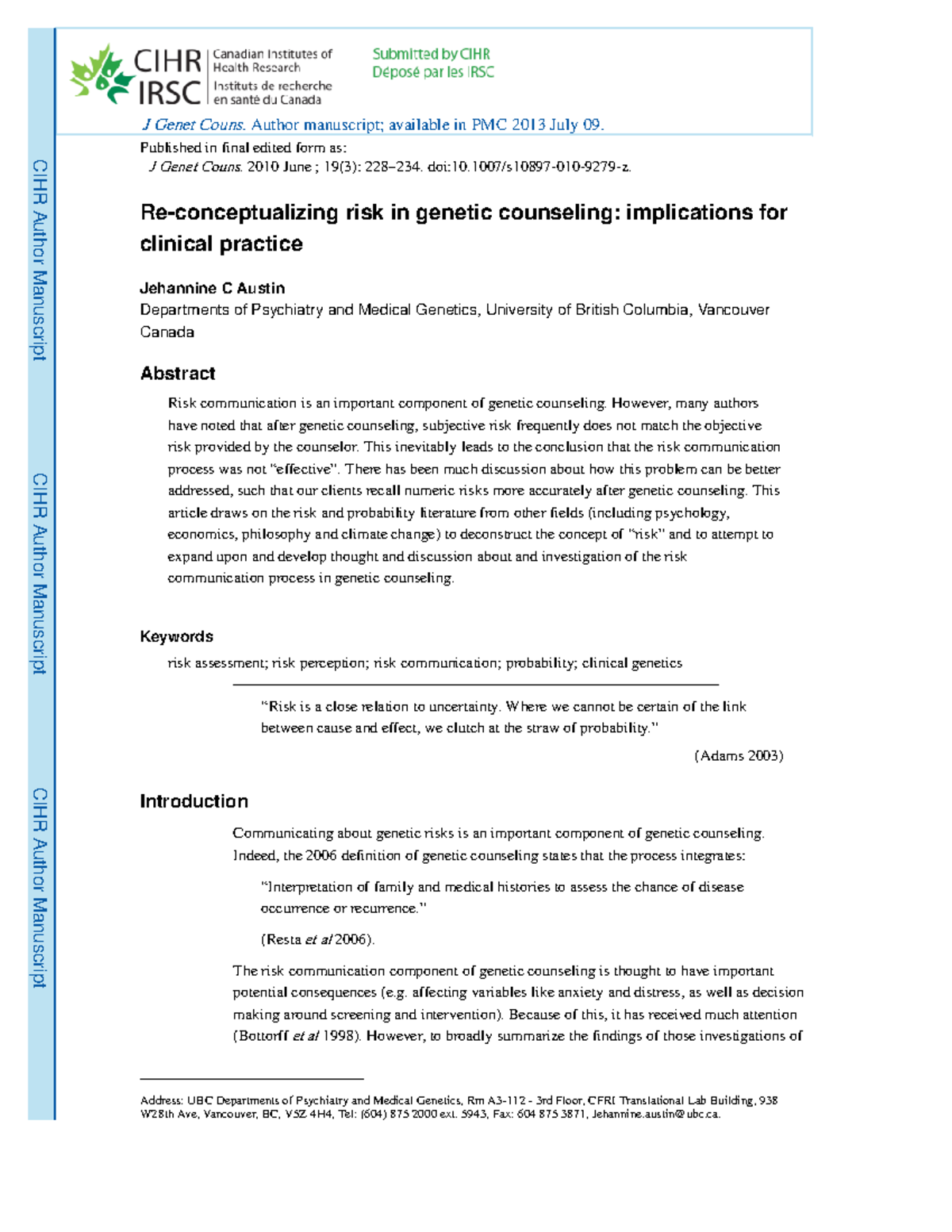 Understanding Risk Perception in Genetic Counseling: Implications ...
