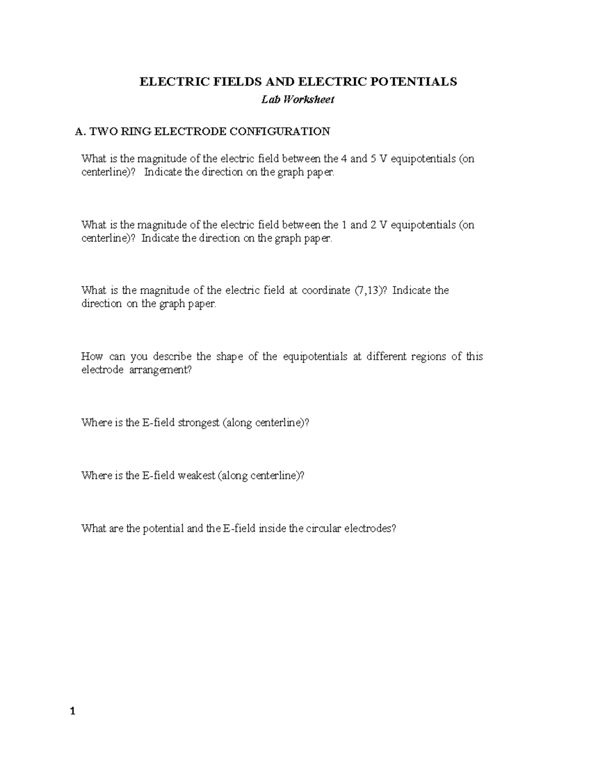 1w Electric Fields And Electric Potentials Worksheet Electric Fields