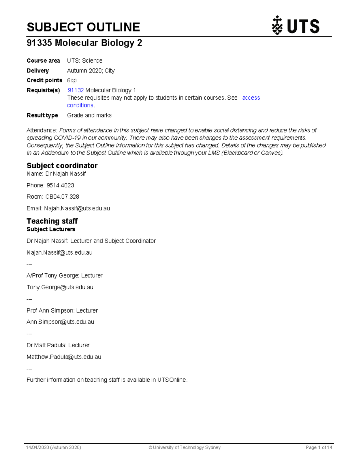 Subject outline mb2 - SUBJECT OUTLINE 91335 Molecular Biology 2 ...