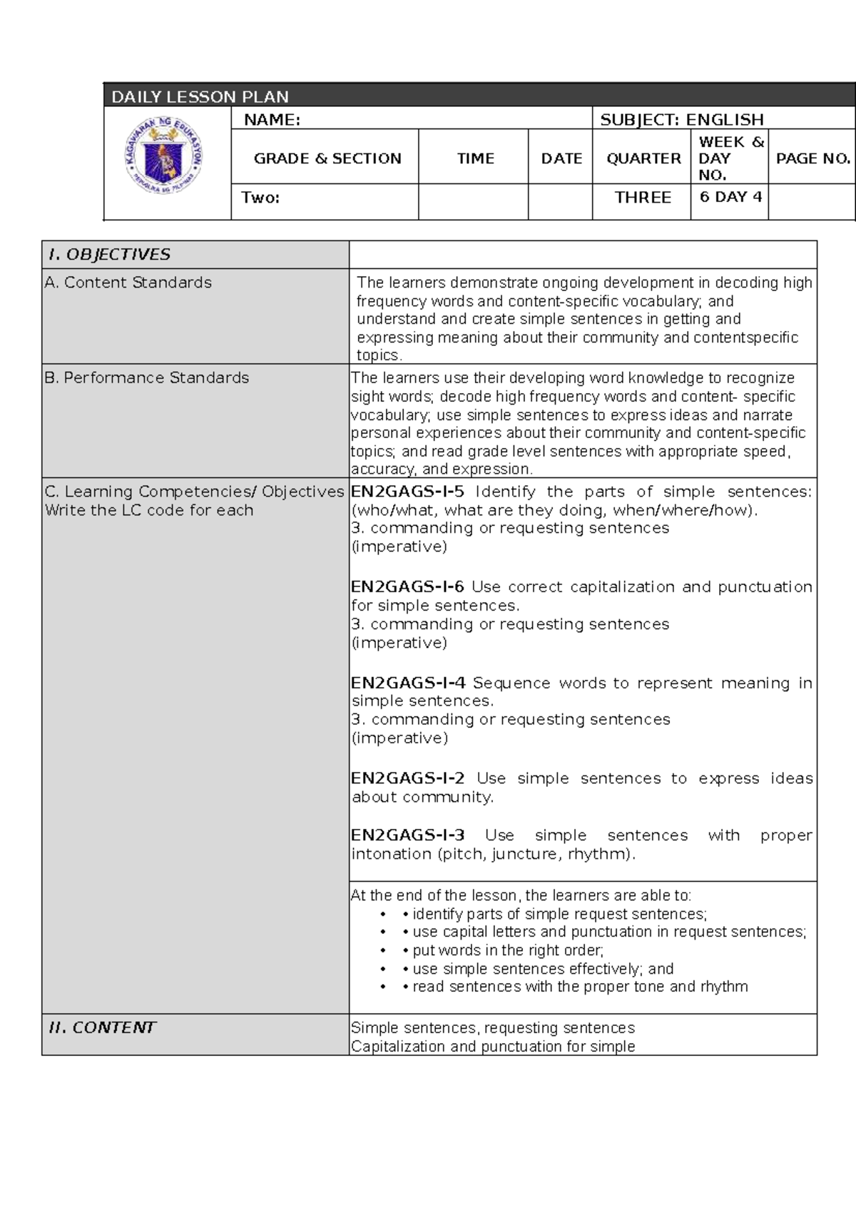 English D4 - Grade 2 Lesson Plan: Simple Sentences & Requests - Studocu