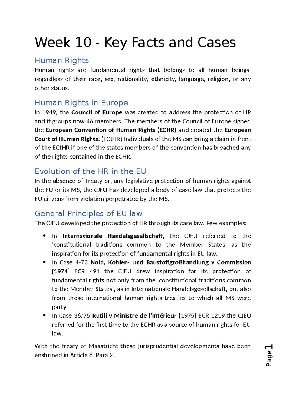 Human Rights notes - 1 Week 10 - Key Facts and Cases Human Rights Human ...