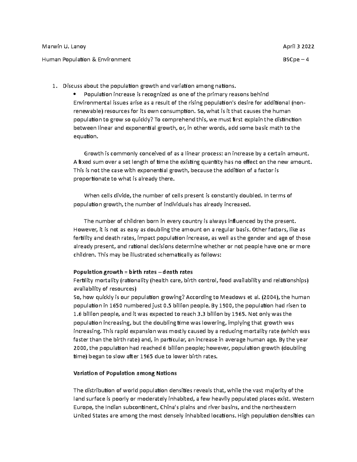 BSCpe-4 Final Exam: Human Population Dynamics & Environmental Impact ...