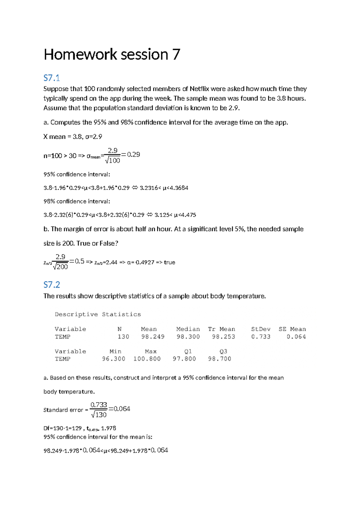 Homework S7: Confidence Intervals & Sample Size Calculations - Studocu