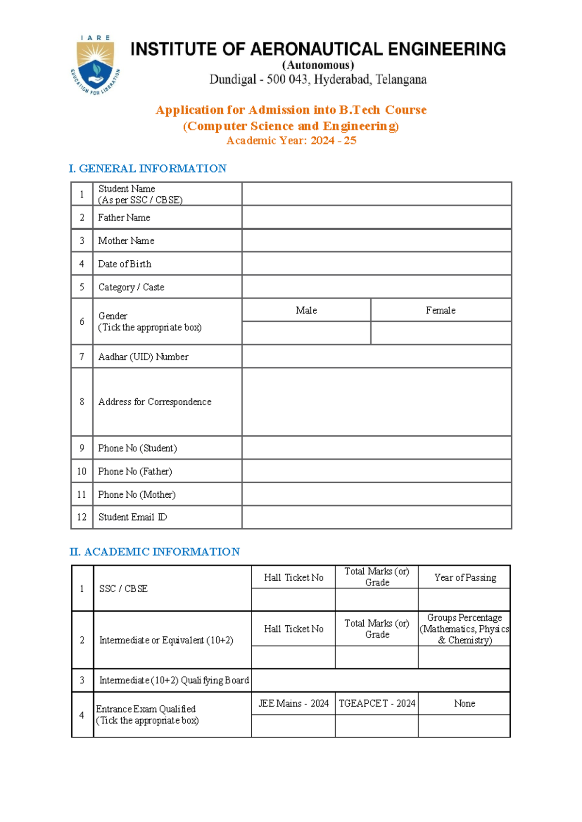 Application FORM 2024-25 - Application for Admission into B Course ...