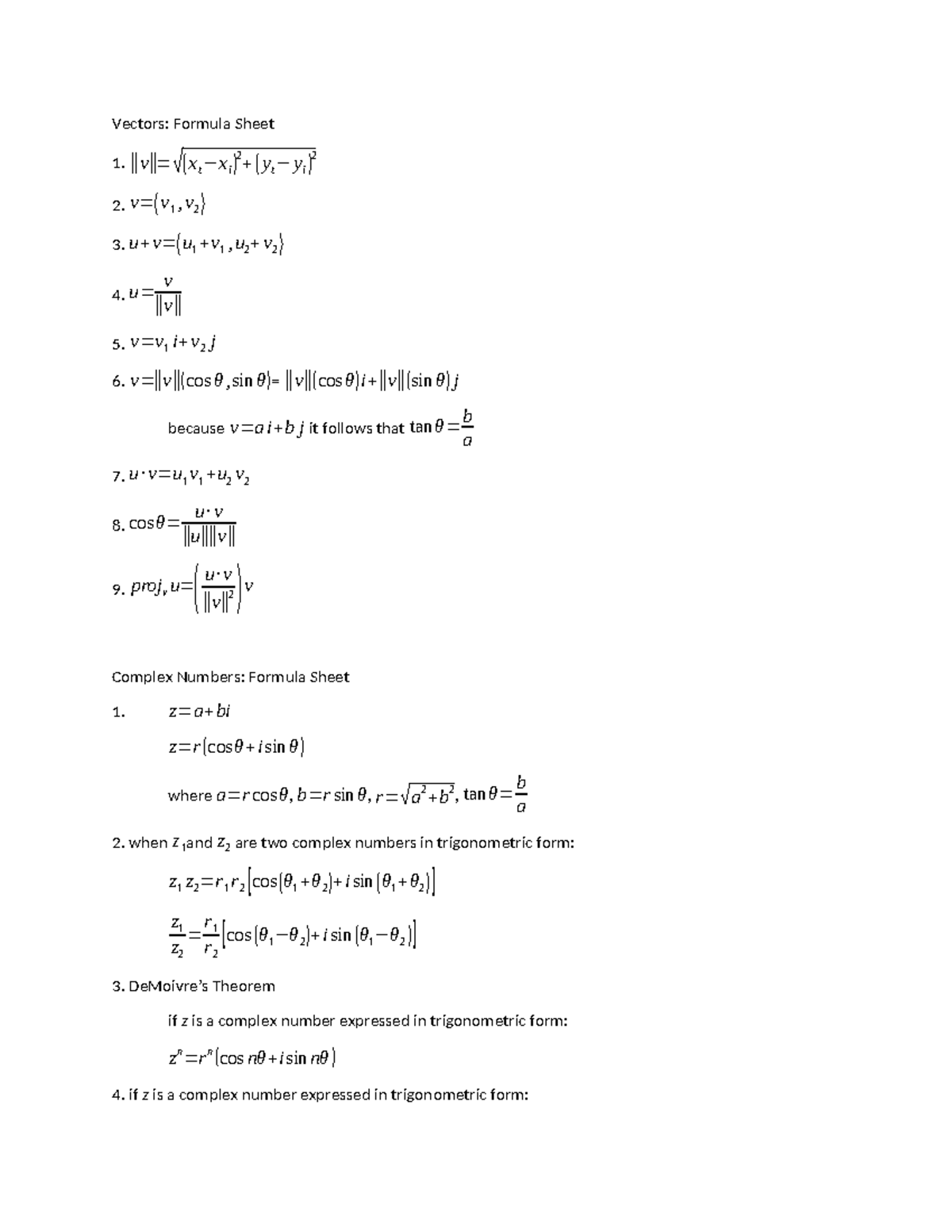 Acc Pre Calc+Midterm+Formula+Sheet - Vectors: Formula Sheet ‖v‖= √ ( x ...