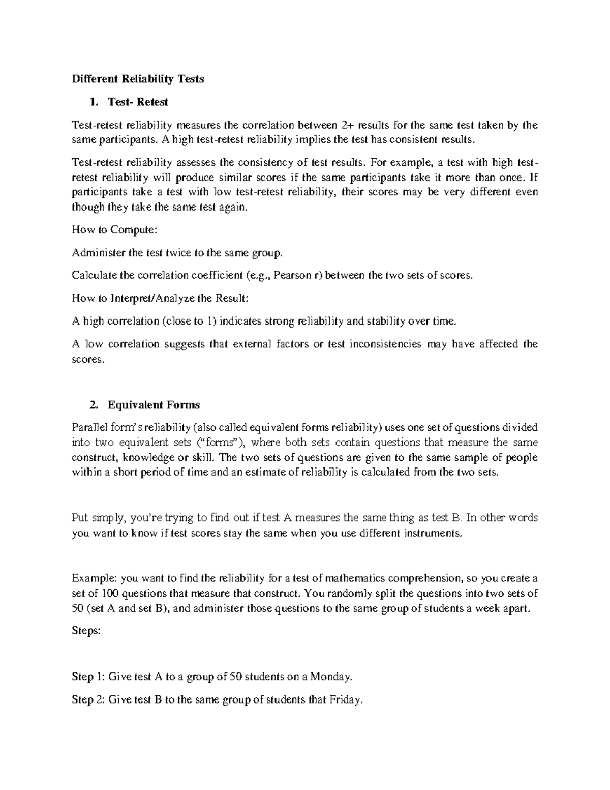 Different Reliability Tests - Test- Retest Test-retest reliability ...