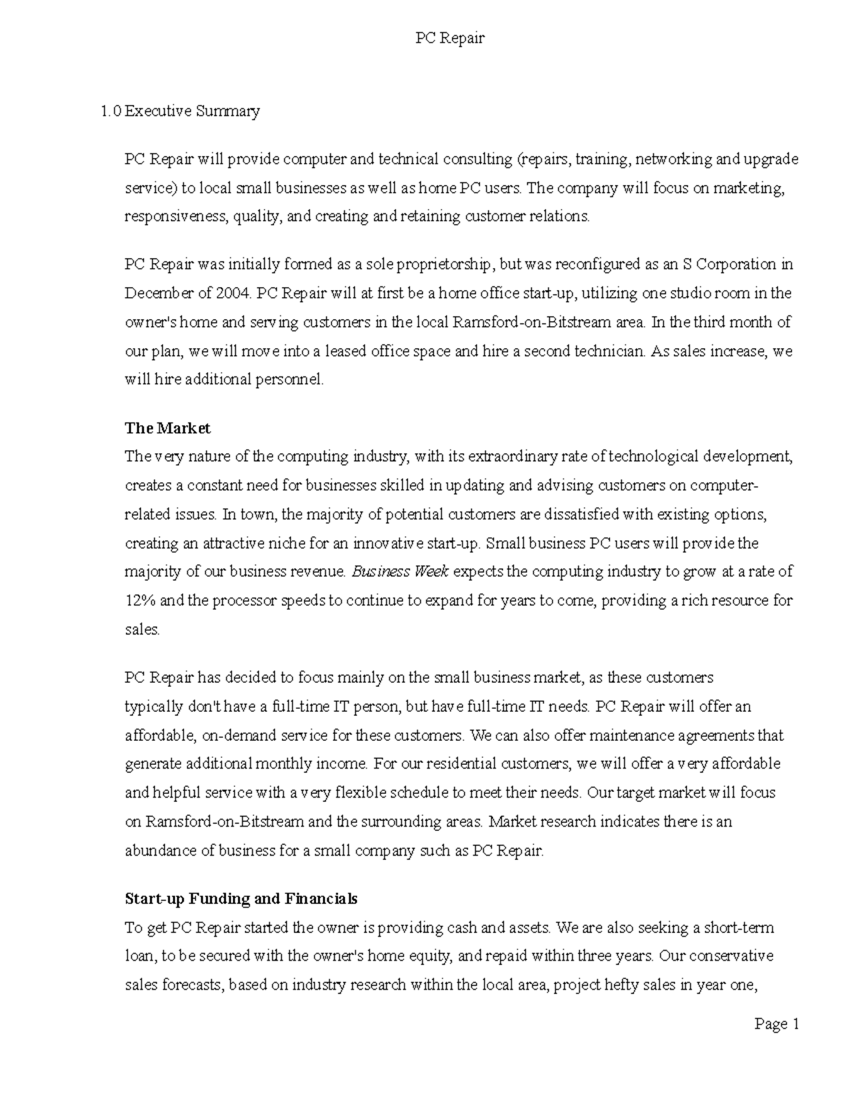 Computer repair Business plan report - 1 Executive Summary PC Repair ...