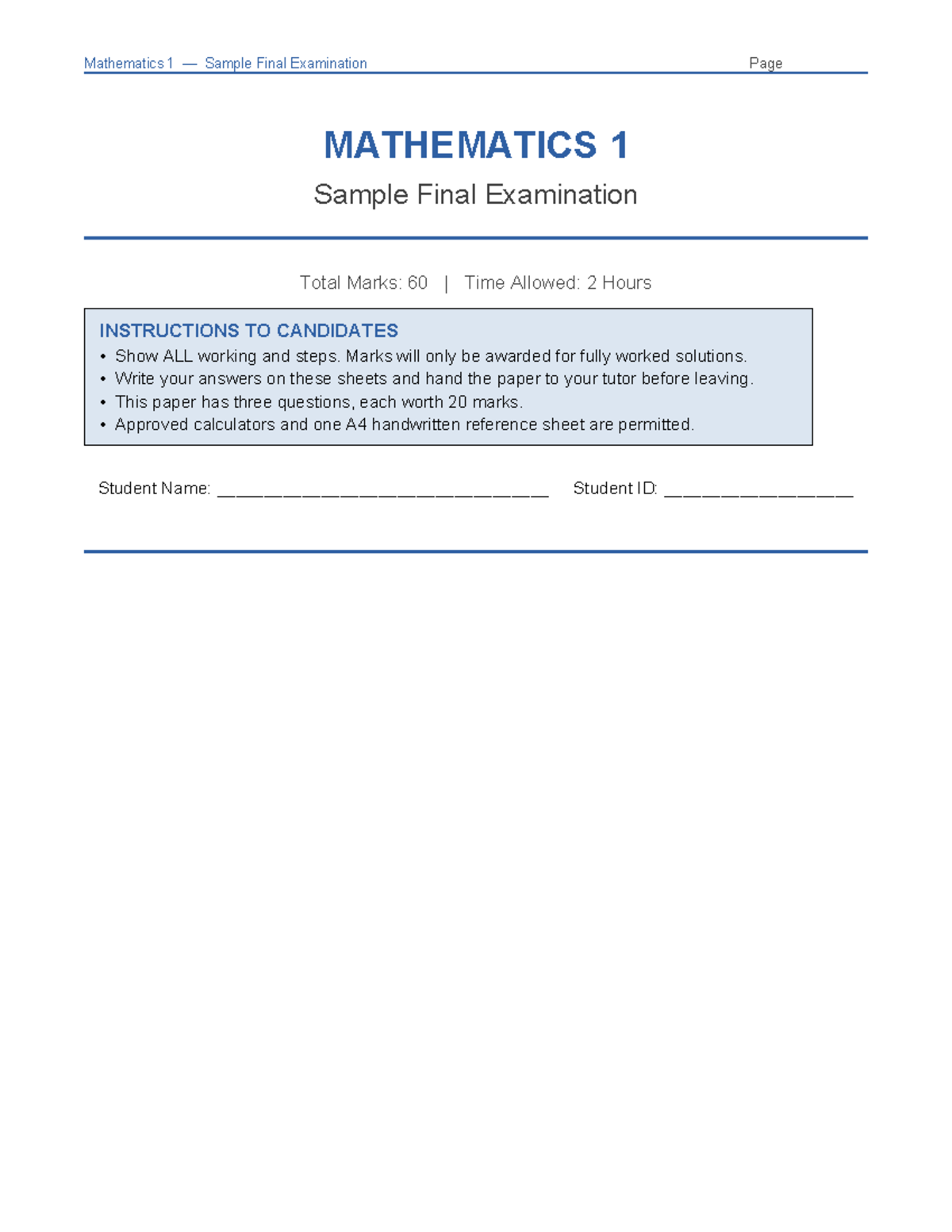 M1 Sample Final Exam Solutions and Marking Rubric - Studocu