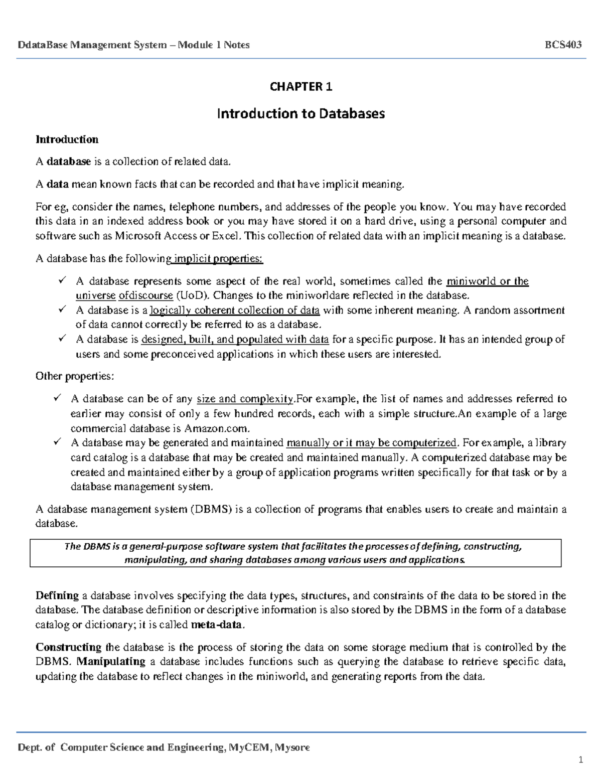 Database Management System (DBMS) Module 1 Notes - BCS403 - Studocu