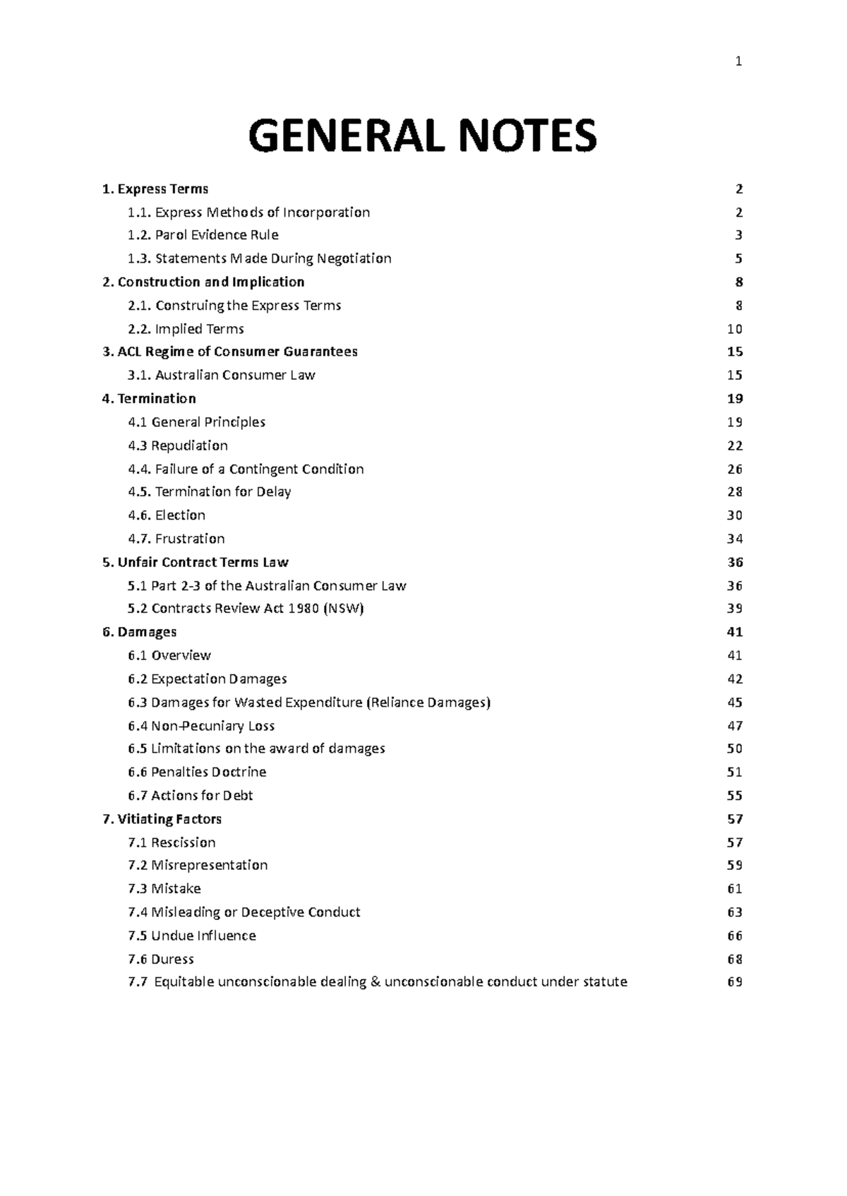 LAWS1075 General Notes: Key Concepts in Contract Law and Consumer ...
