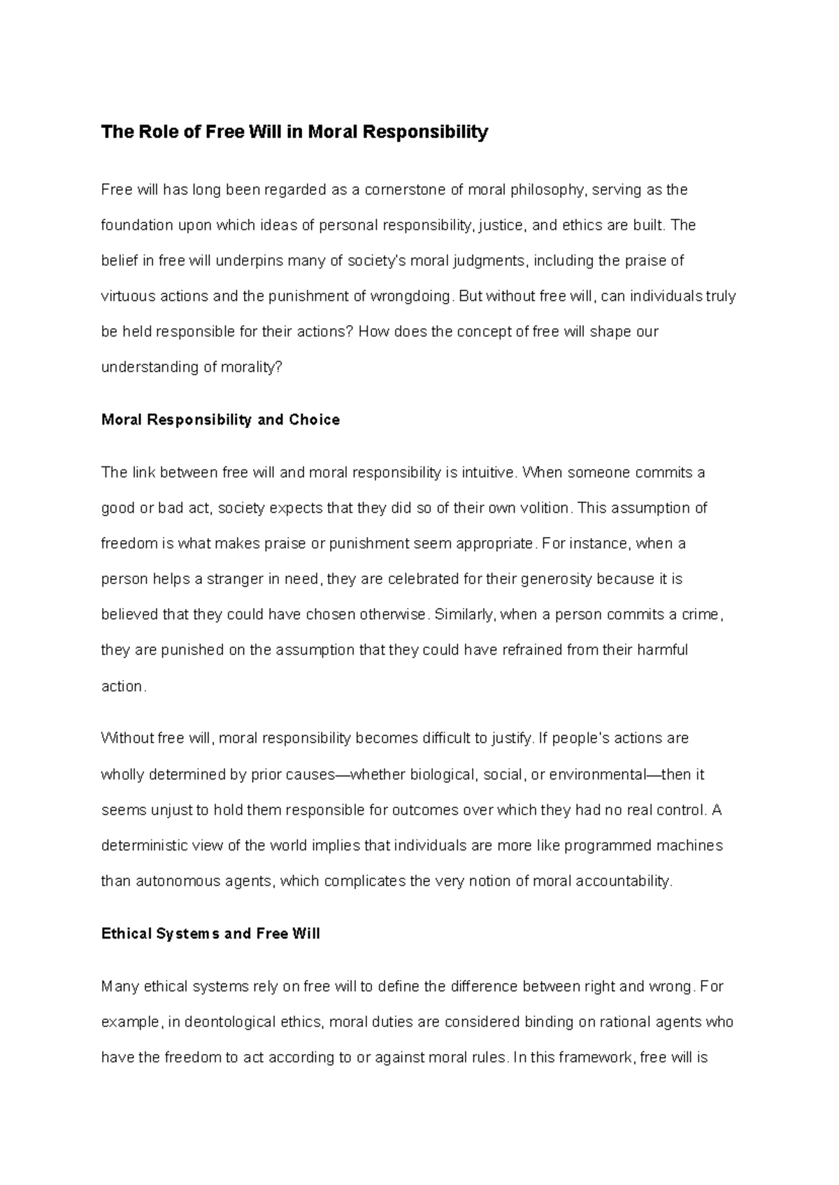 The Impact of Free Will on Moral Responsibility: A Philosophical ...