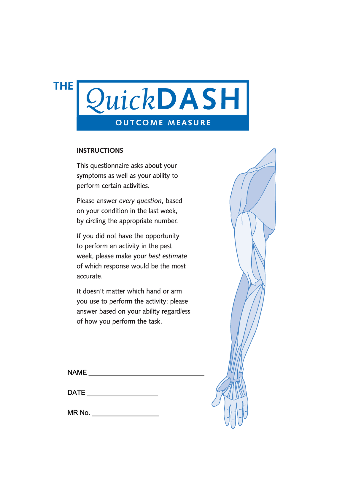 QuickDASH Arm Function Questionnaire Instructions - Studeersnel