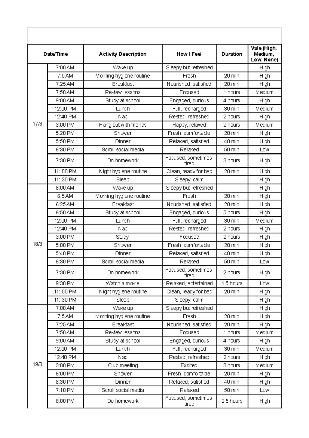 Activity Log - Trang tính1 - Date/Time Activity Description How I Feel ...