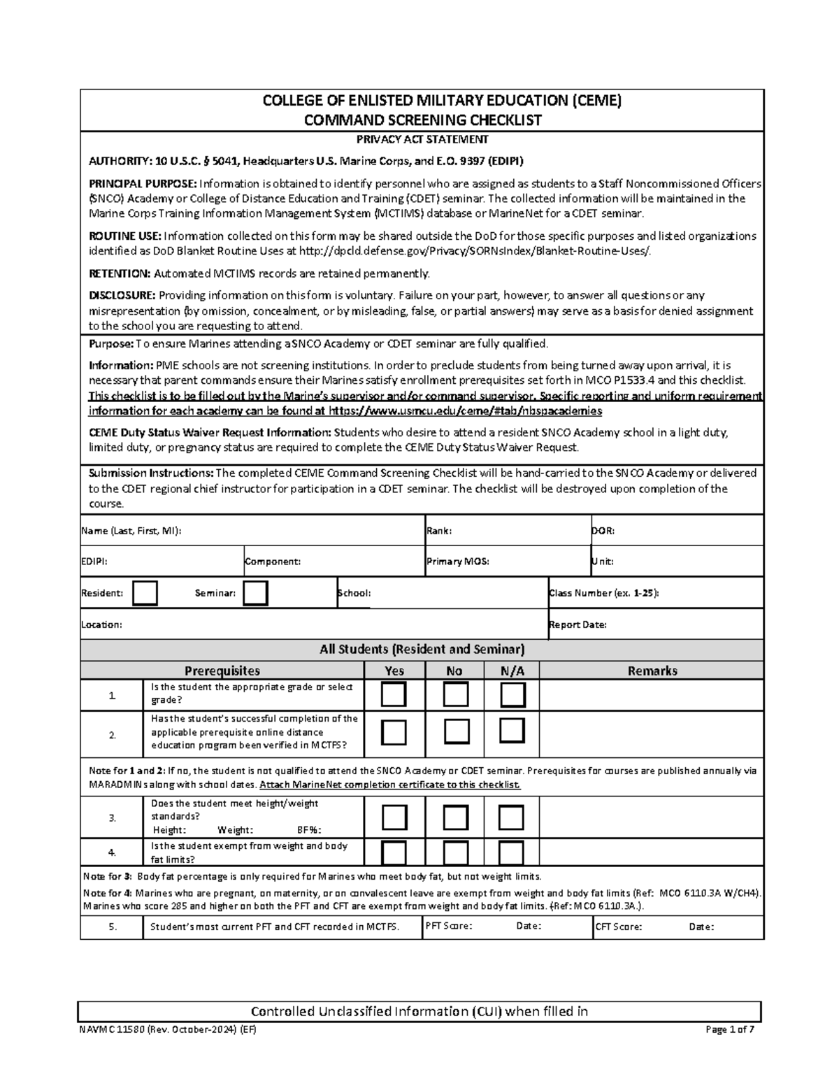 CEME Command Screening Checklist & Duty Status Waiver Guide - Studocu