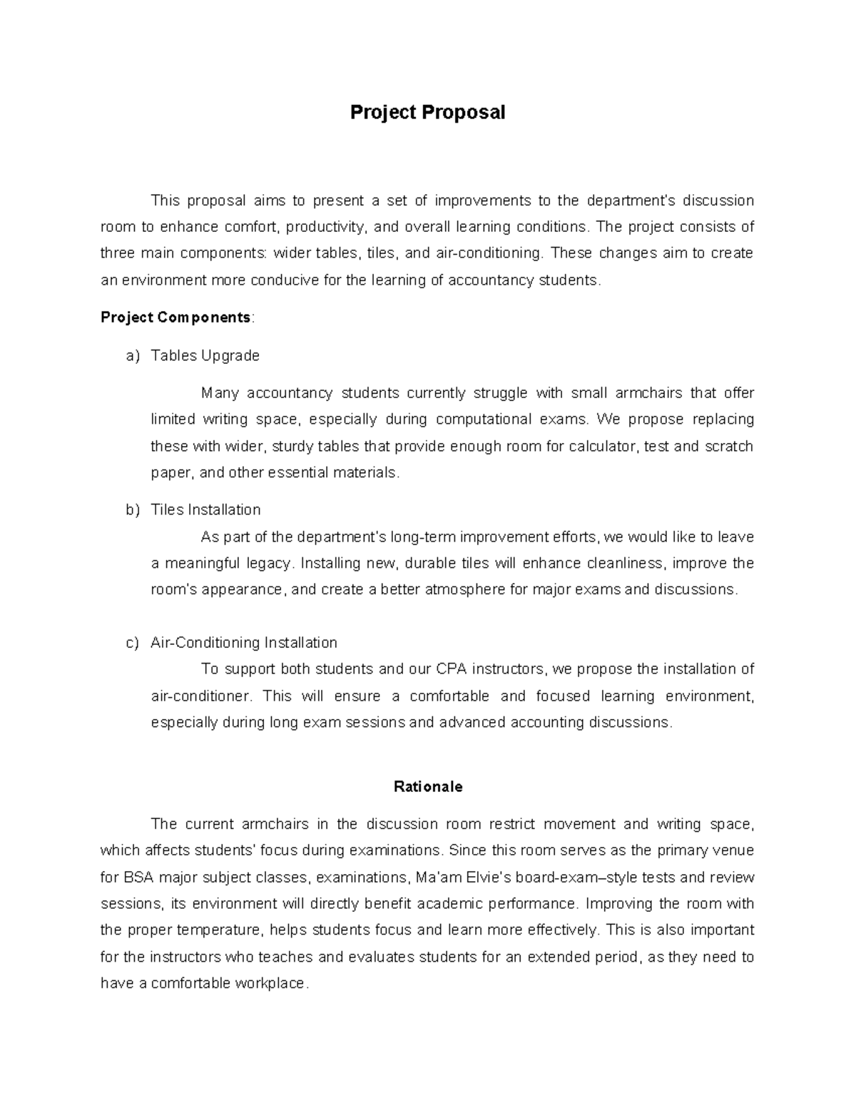 BSA Project Proposal: Enhancements for Discussion Room Comfort - Studocu