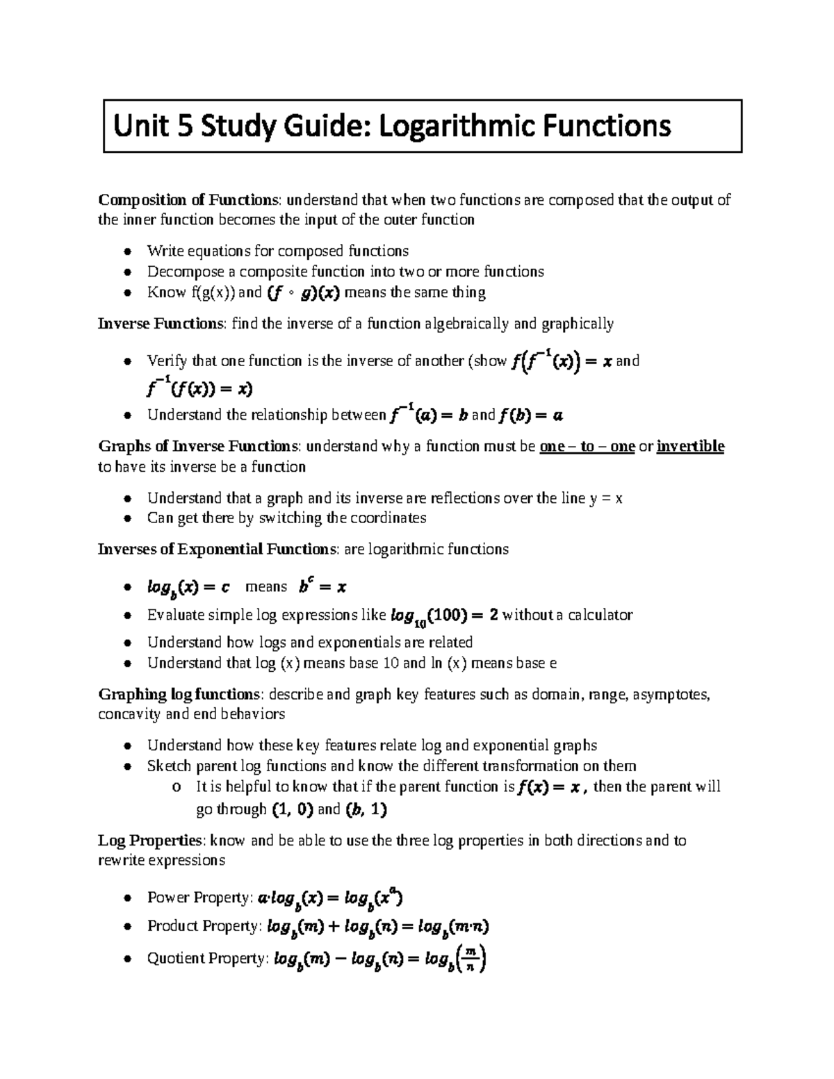Unit 5 Study Guide: Exponential & Logarithmic Functions Concepts - Unit ...