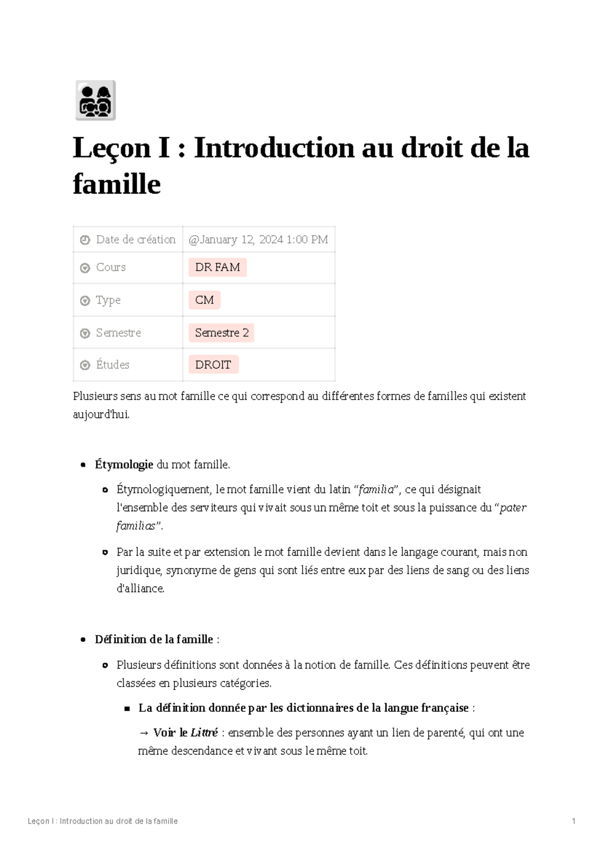 Leçon I : Introduction au Droit de la Famille (Cours DR FAM) - Studocu