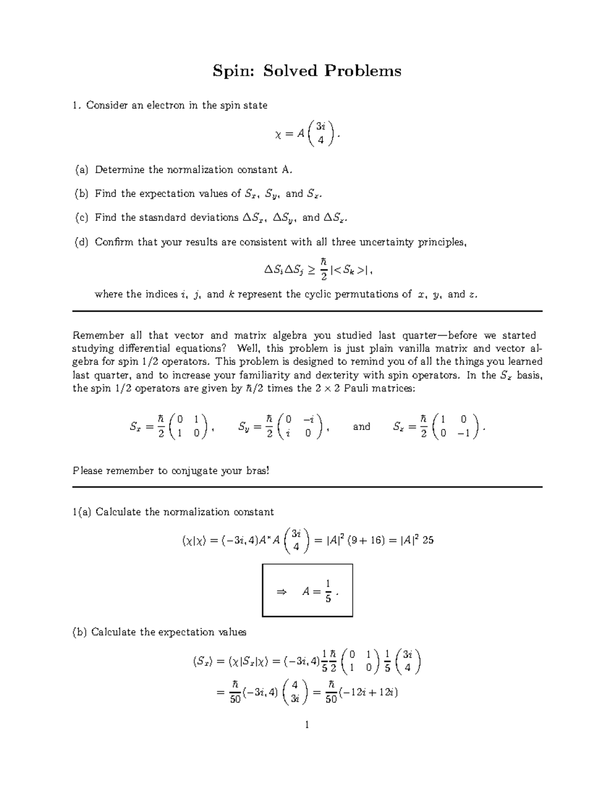 **Quantum Mechanics: Spin Operators & Expectation Values (PHYS-401 ...