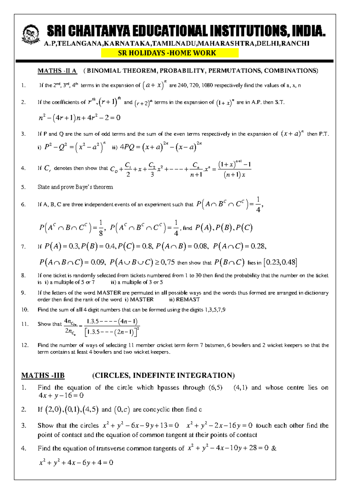 SRI CHAITANYA EDUCATIONAL INSTITUTIONS MATHS (BINOMIAL THEOREM ...