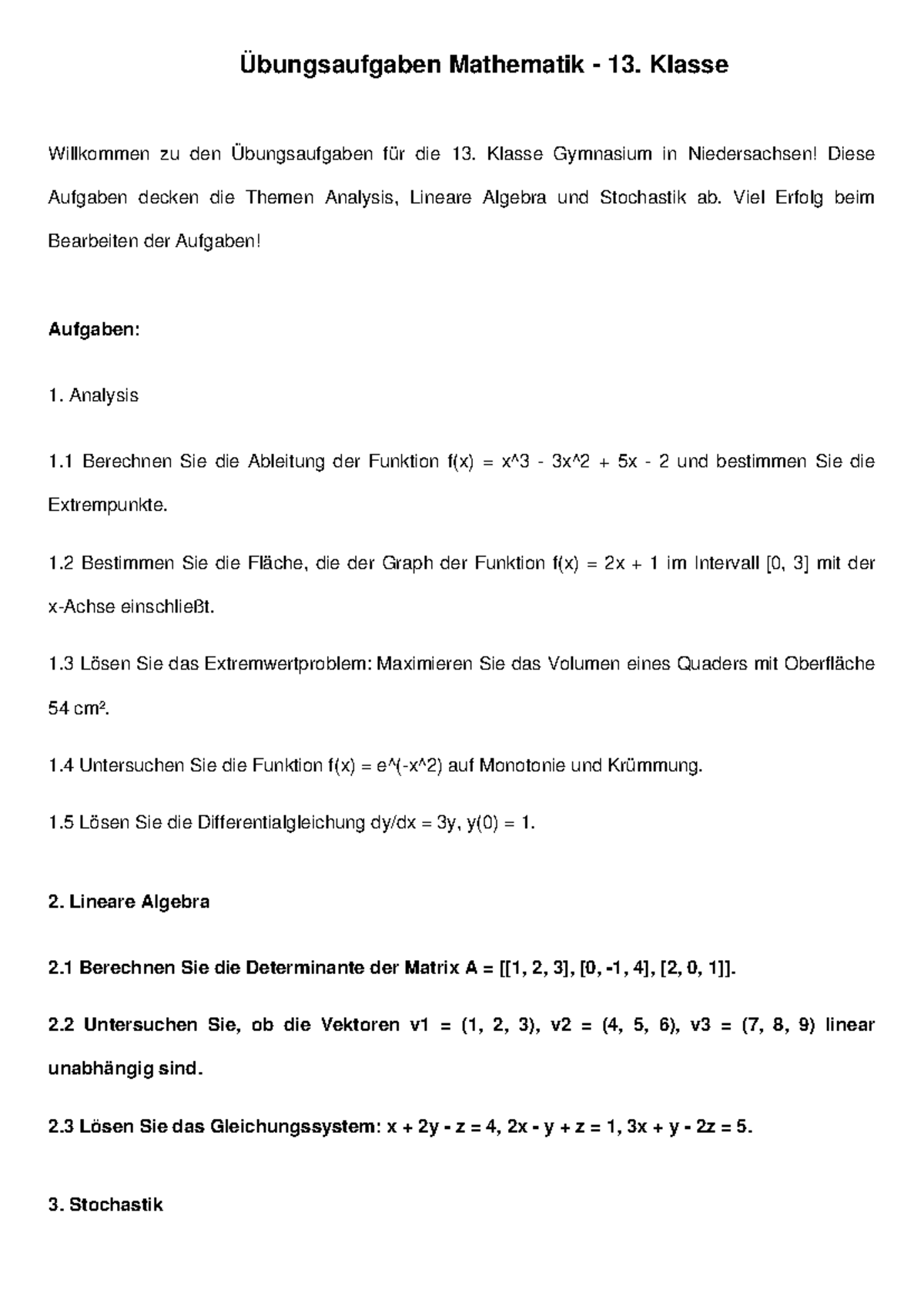 Uebungsaufgaben Mathe 13 Klasse - Übungsaufgaben Mathematik - 13