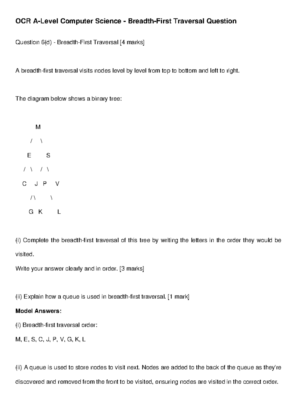 Breadth First Traversal: OCR A Level Computer Science Question 6(d ...