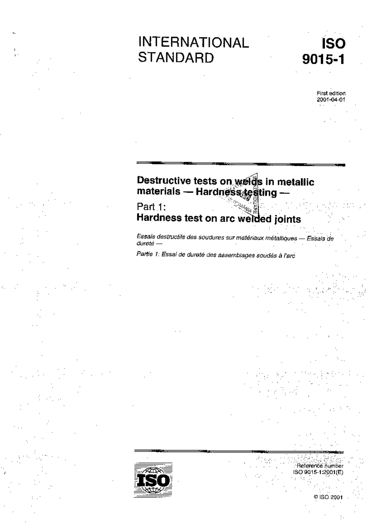 ISO 9015-1:2001 Hardness Testing on Welds in Metallic Materials - Studocu