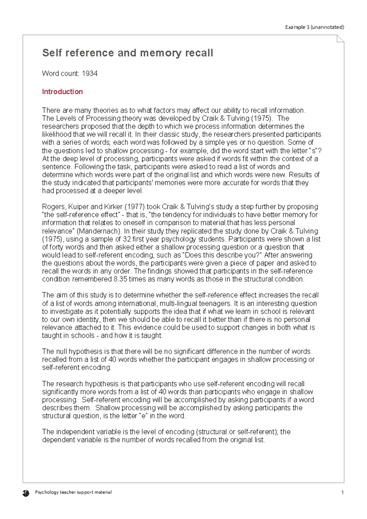 IA Sample 3: Self-Reference and Memory Recall Study (Psychology) - Studocu