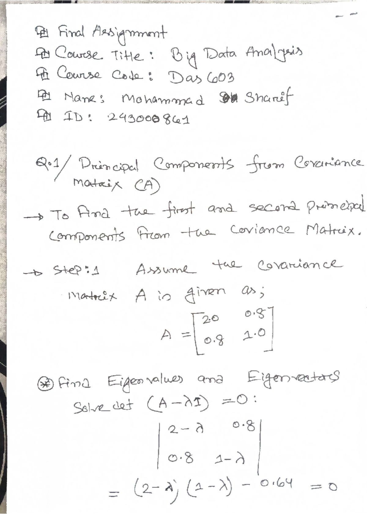 Big Data Analysis Final Assignment (Das 603) - Principal Components ...