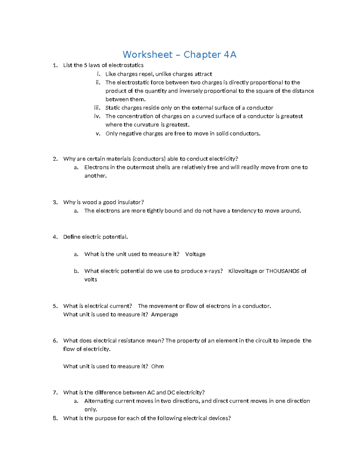 Worksheet: Understanding Electrostatics & Electrical Principles ...
