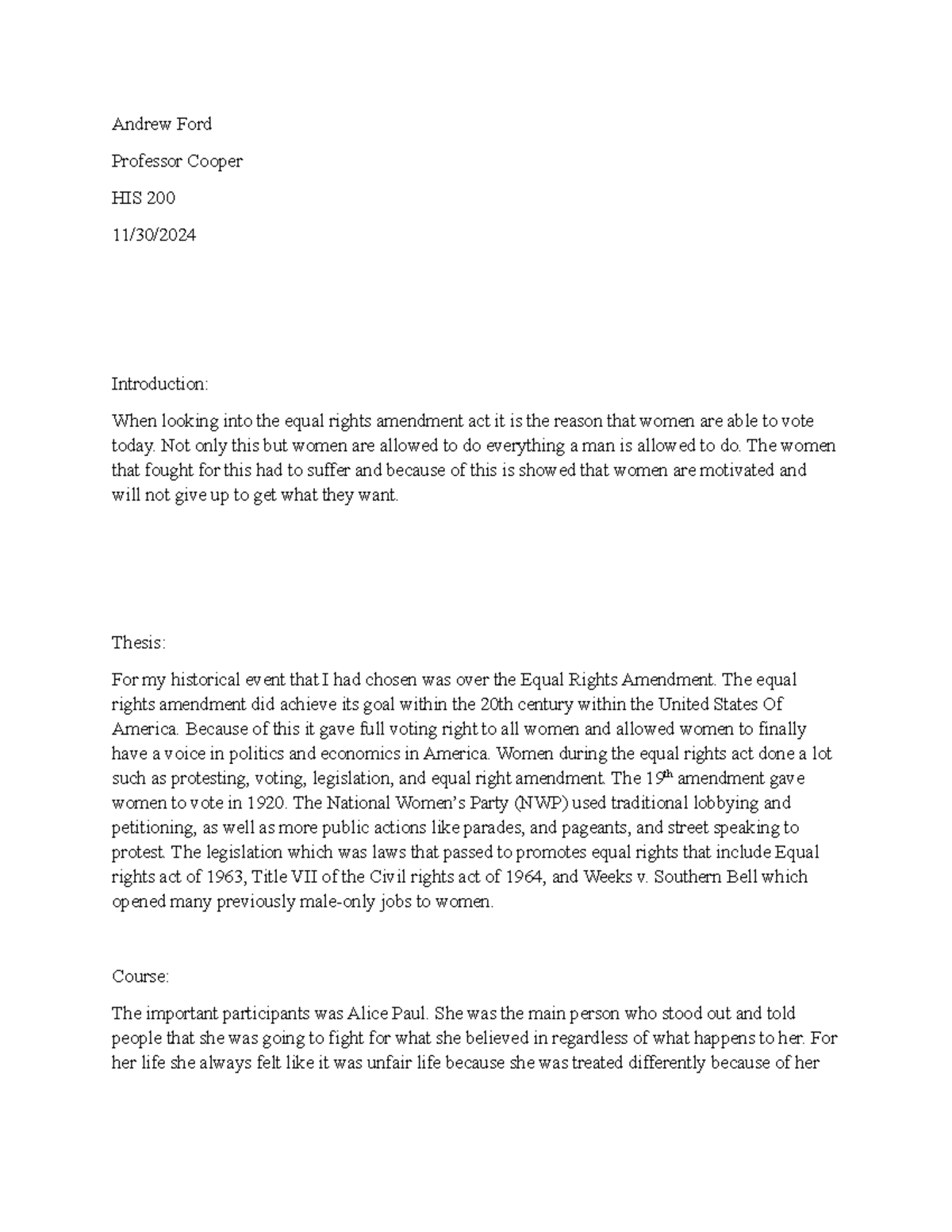 HIS 200 Final Essay: The Impact of the Equal Rights Amendment - Studocu
