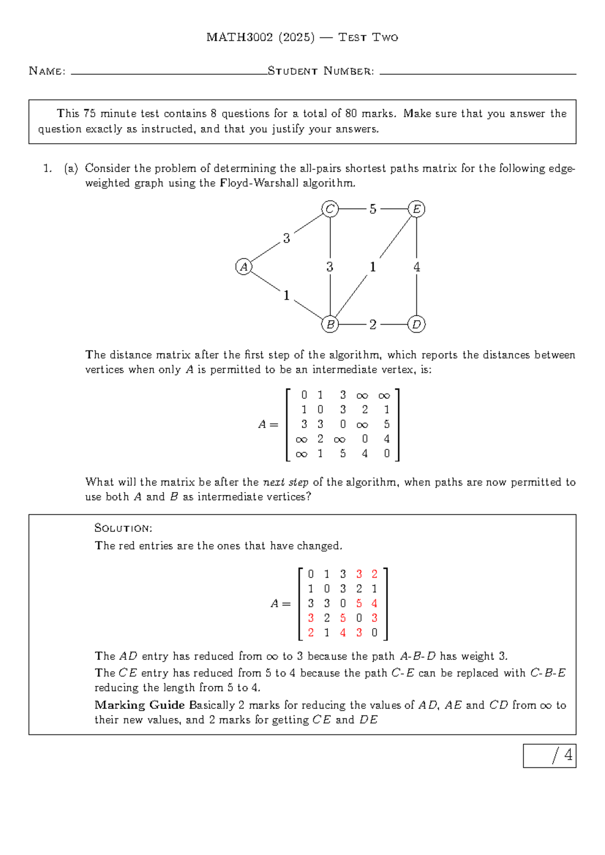 MATH3002 (2025) Test 2 Solutions: Graph Theory and Algorithms - Studocu